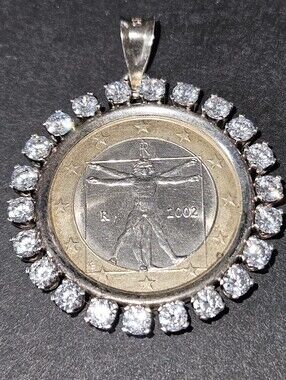 Italian Euro Coin Vitruvian Man Coin Crystal Rhinestone Pendant